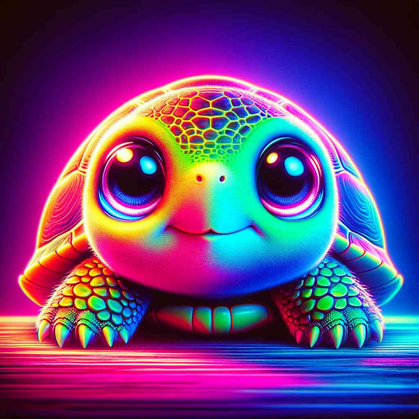 Neon-colored turtle artwork with vibrant hues and glowing details against a dark background.