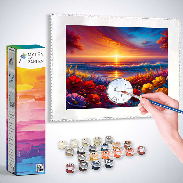 Sonnenuntergang, Meer mit Blumen – Malen nach Zahlen