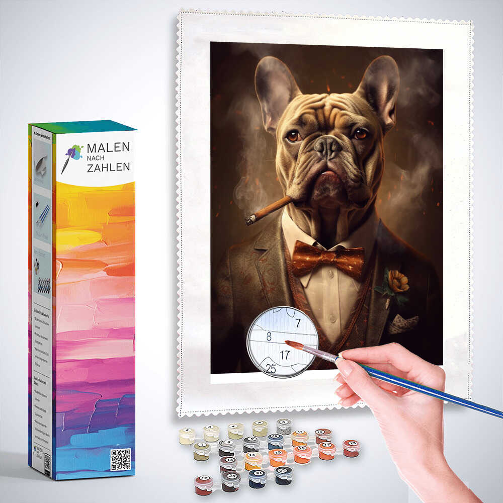 Paint by numbers kit featuring a bulldog gentleman in a suit with cigar, surrounded by earthy tones and fiery background, titled "Der Pate der Pfoten".