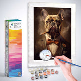 Paint by numbers kit featuring a bulldog gentleman in a suit with cigar, surrounded by earthy tones and fiery background, titled 