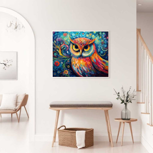 Malen nach Zahlen Kunstwerk Farbenpracht der Weisheit - leuchtender Eulenblick, farbenfrohes, spiralförmiges Muster, Dekoration Wohnzimmer