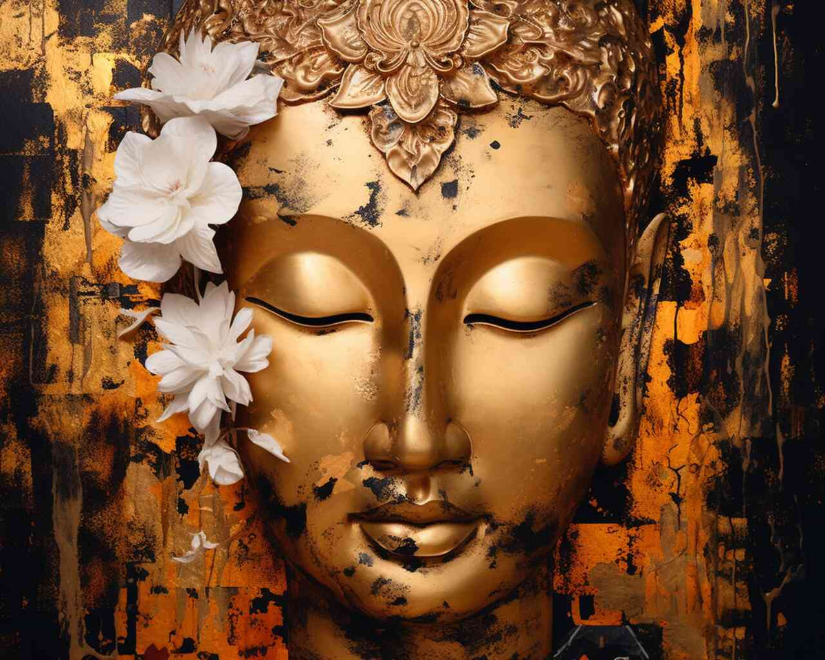 Gold Buddha with white flowers against a black, gold, and orange backdrop.