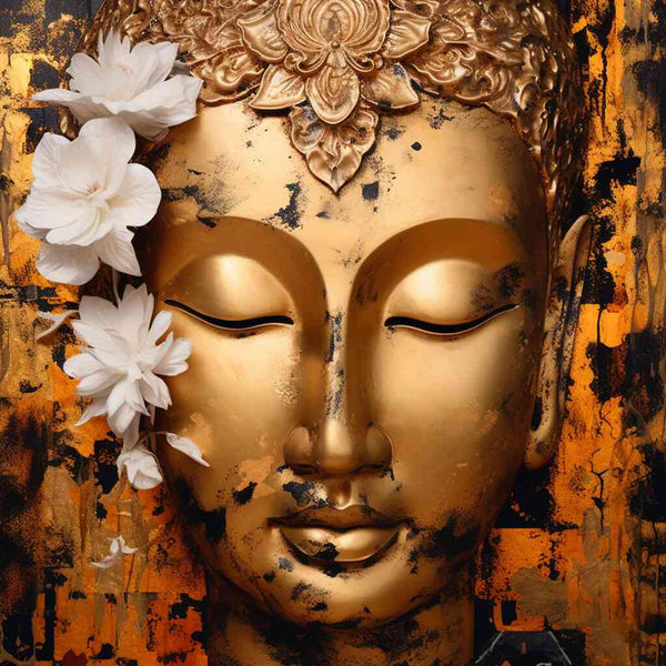 Gold Buddha with white flowers against a black, gold, and orange backdrop.
