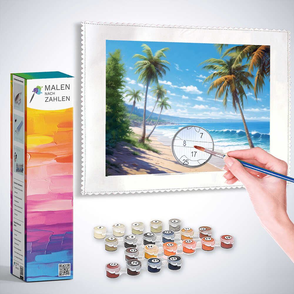 Malen nach Zahlen - Sehnsucht nach der Unendlichkeit Kit mit tropischem Strandmotiv, Palmen und Ozean, moderne mediterrane Landschaft