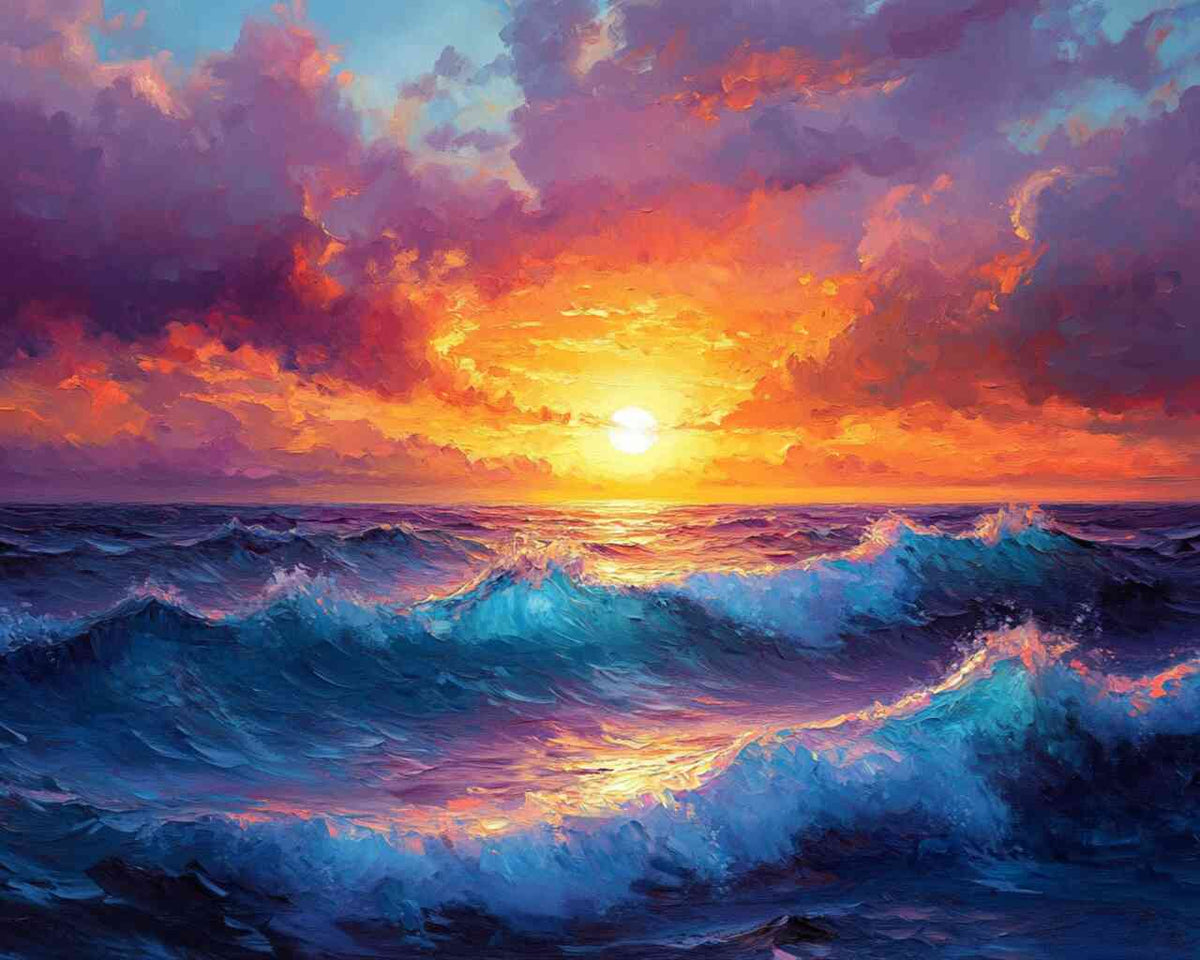 Malen nach Zahlen - Sonnenfeuer am Ozean: Lebendiges Gemälde von farbenprächtigem Sonnenuntergang über turbulenten Wellen, entspannende kreative Erfahrung.