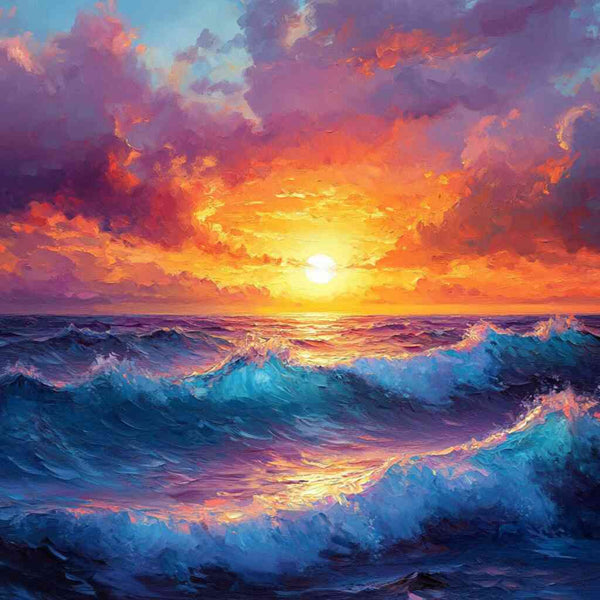 Malen nach Zahlen - Sonnenfeuer am Ozean: Lebendiges Gemälde von farbenprächtigem Sonnenuntergang über turbulenten Wellen, entspannende kreative Erfahrung.