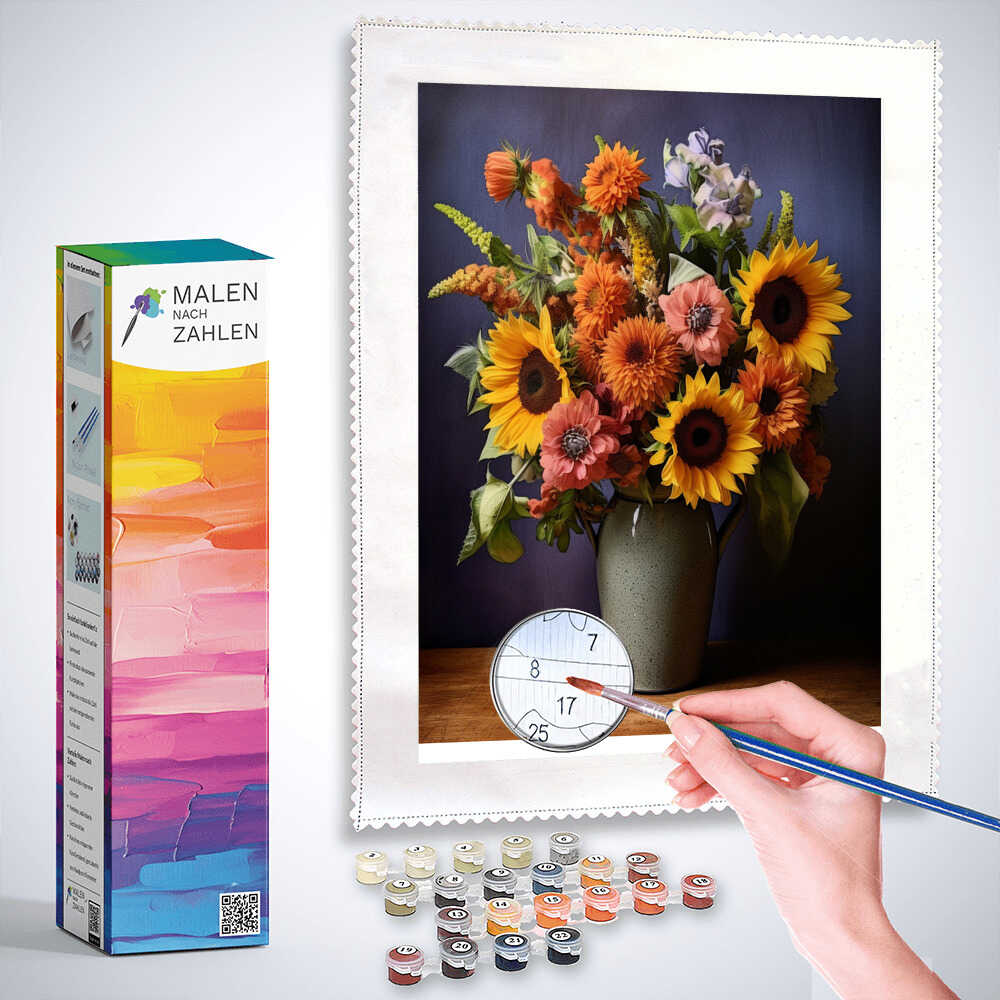 Painting by numbers kit "Sommerglanz" featuring vibrant sunflowers, orange blooms, and pastel colors against a dark blue background.