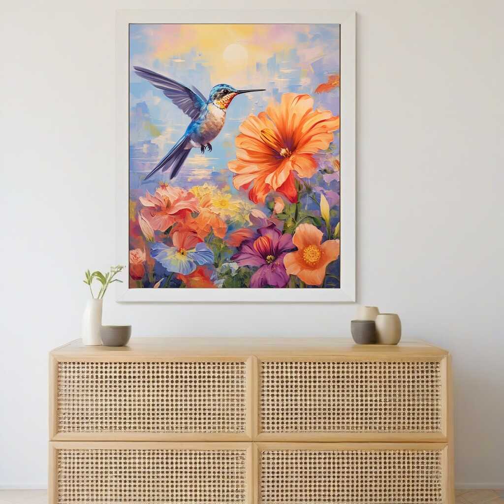 Kolibri schwebt über farbenprächtigen Blumen in einem impressionistischen Gemälde, das Eleganz der Natur und Poesie vereint, mit Dämmerung im Hintergrund.