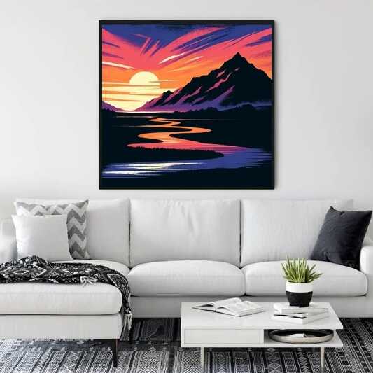 Malen nach Zahlen - Erwachen der Wildnis: Entspannendes Kunstwerk eines Sonnenuntergangs hinter Berg und Fluss, aufgehängt über einem weißen Sofa.