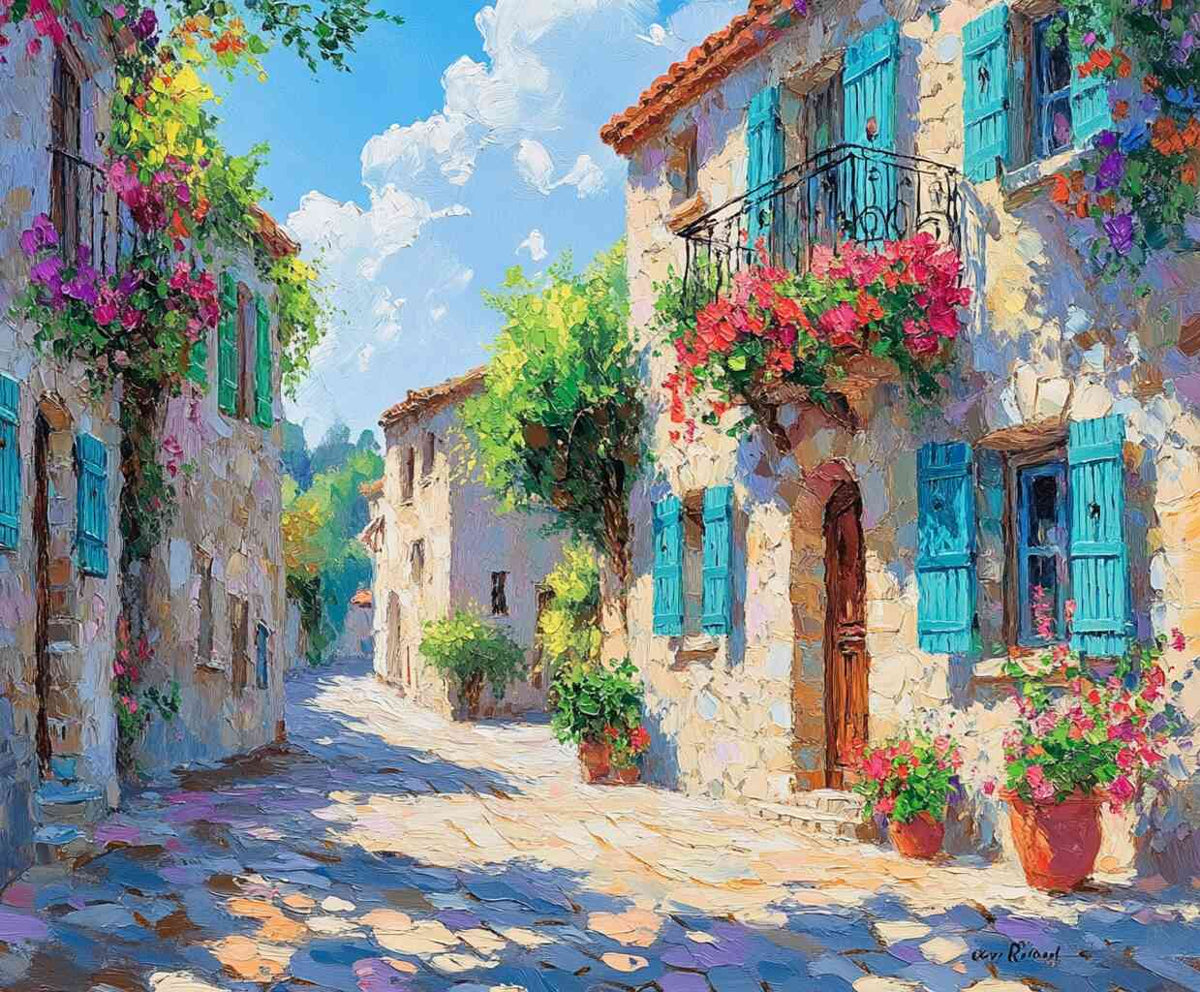 Painting by numbers kit showcasing a vibrant Mediterranean street scene with colorful flowers, sunny skies, and charming stone houses