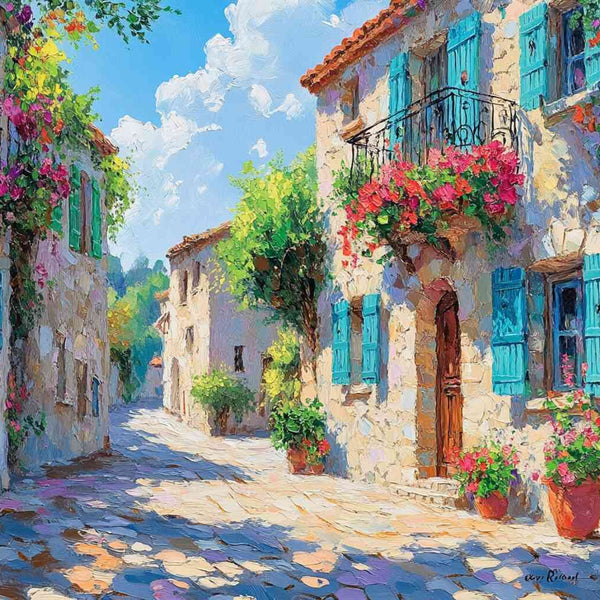 Painting by numbers kit showcasing a vibrant Mediterranean street scene with colorful flowers, sunny skies, and charming stone houses