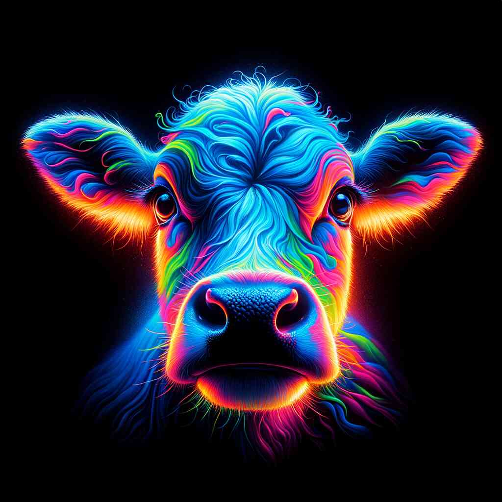 Neon cow painting with vibrant colors and black background for Malen nach Zahlen - Neon-Blick