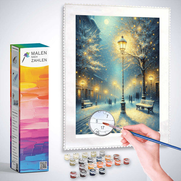 Verschneite Stadtlaterne – Malen nach Zahlen