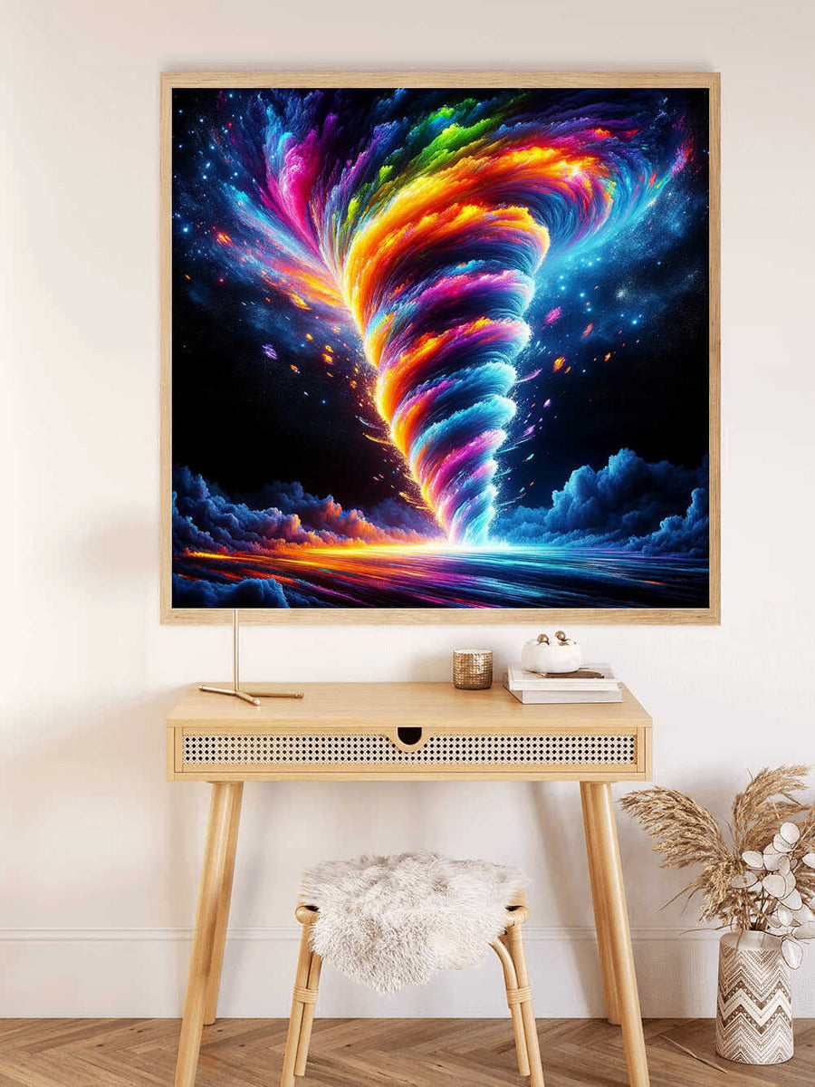 Malen nach Zahlen - Kosmische Euphorie Wirbel Wandkunst über Schreibtisch im modernen Raum.