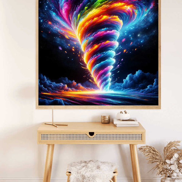 Malen nach Zahlen - Kosmische Euphorie Wirbel Wandkunst über Schreibtisch im modernen Raum.