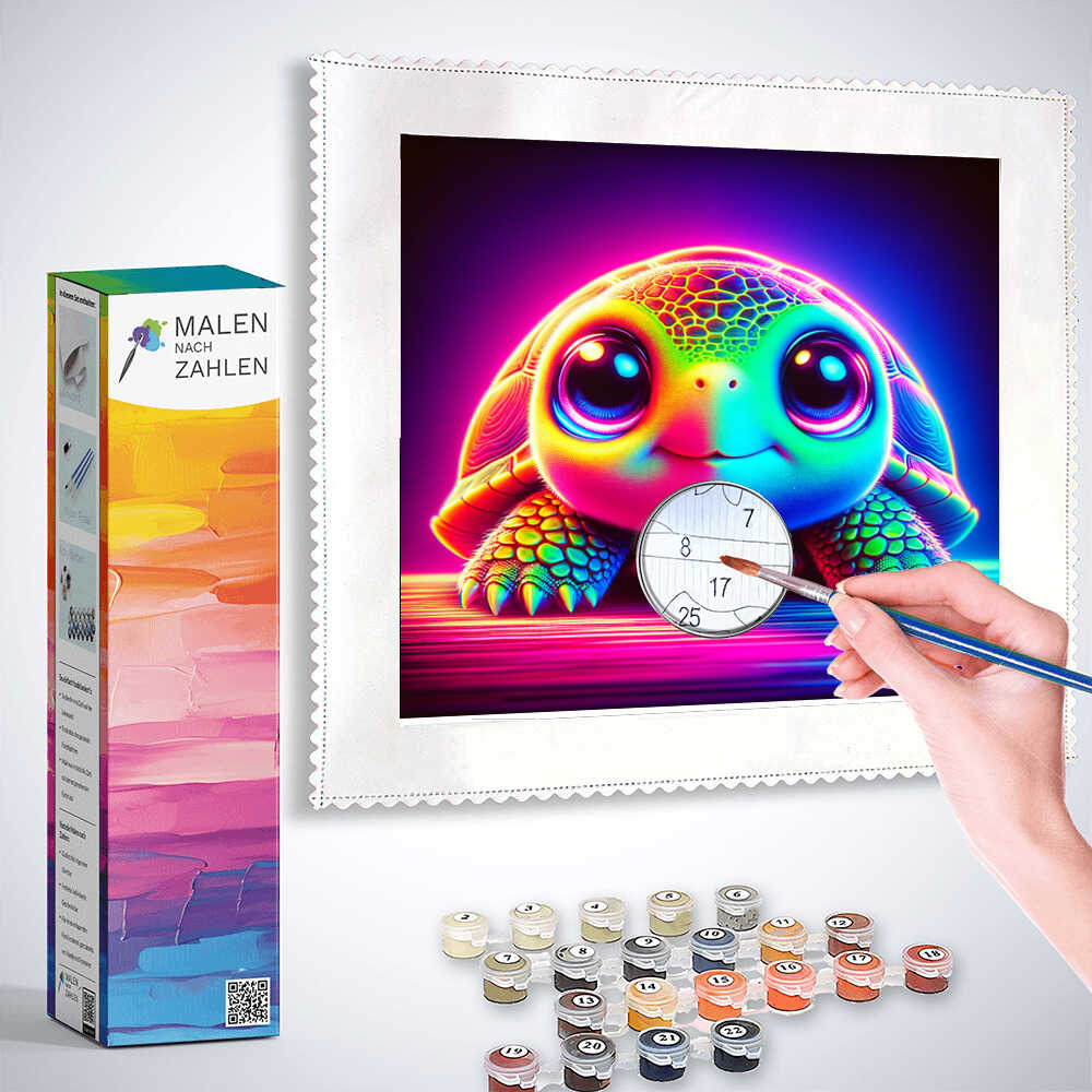 Painting by numbers kit "Neon-Träumerei" featuring a colorful neon turtle, hand holding brush, paint set and box included