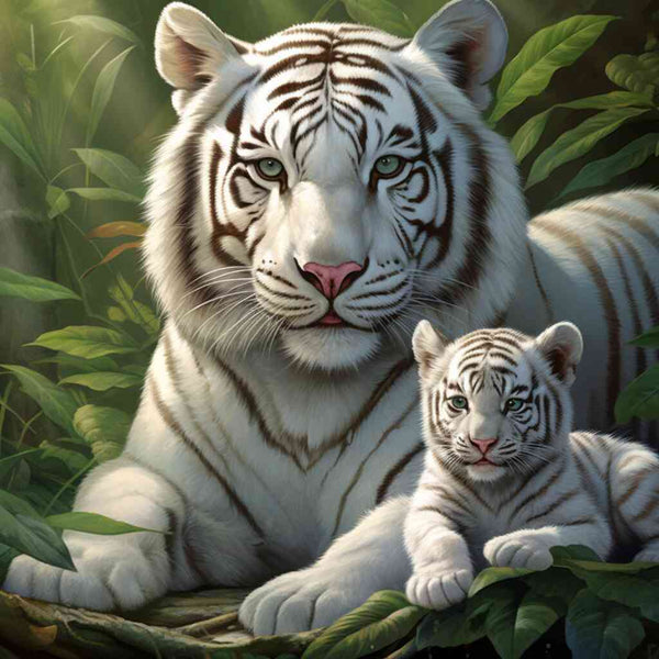 Weißer Tiger mit Jungem im Dschungel, strahlend im diffusen Licht detailliert gemalt, symbolisiert Schutz und bedingungslose Liebe.