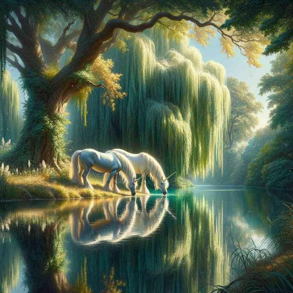 Enchanting forest clearing with two unicorns drinking water near a serene pond.