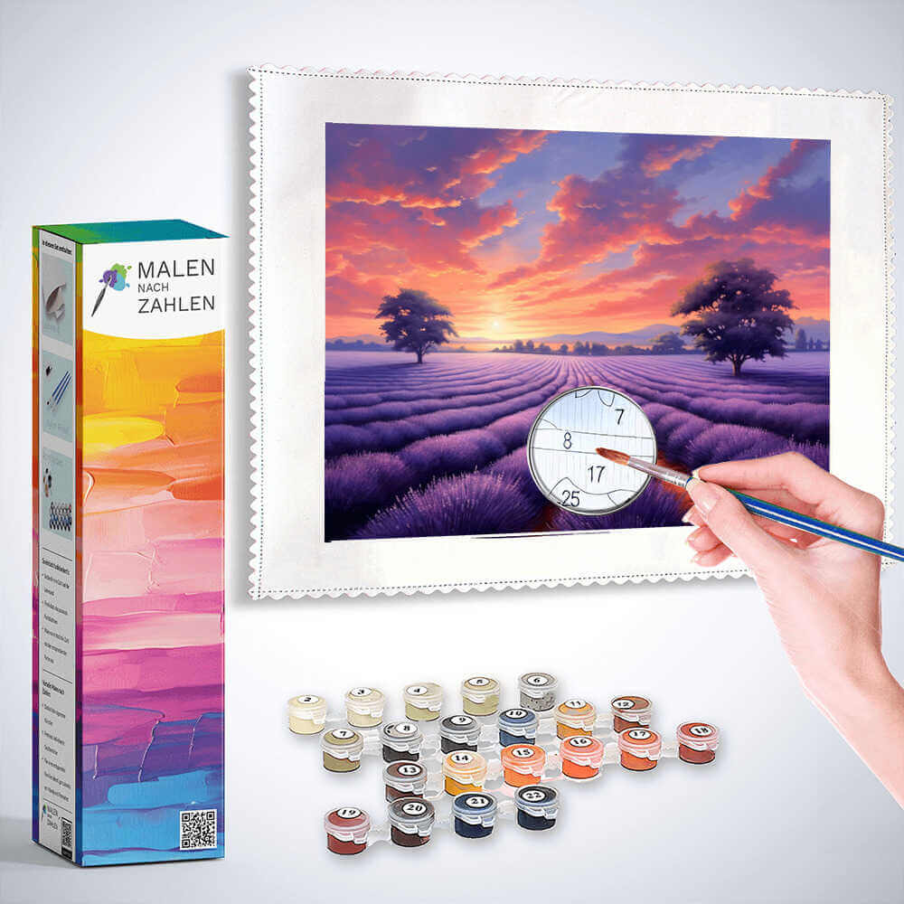 Malen nach Zahlen Kit - "Lavendeltraum am Horizont" - Romantic Landscape with Lavender Fields and Majestic Trees in Modern-Impressionist Style