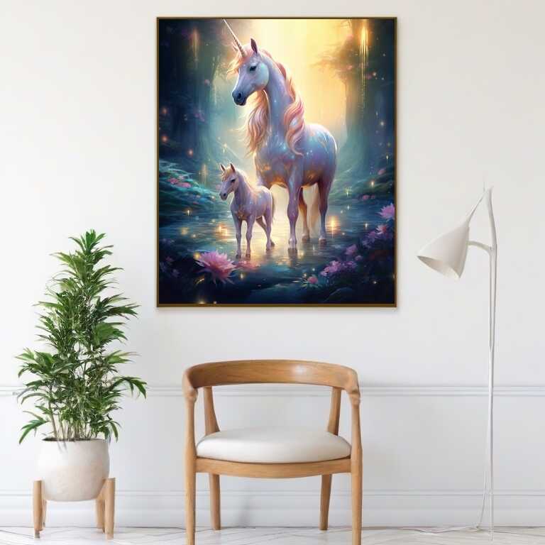 Painting of two unicorns in a mystical forest, surrounded by glowing light and flowers, titled "Zauberwald der Einhörner"