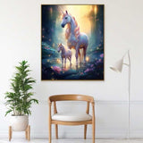 Painting of two unicorns in a mystical forest, surrounded by glowing light and flowers, titled 