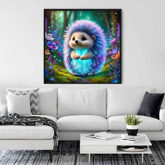 A beautiful living room featuring a framed painting of a glowing, magical hedgehog in a forest setting, highlighting the "Malen nach Zahlen - Magisches Leuchten" artwork.