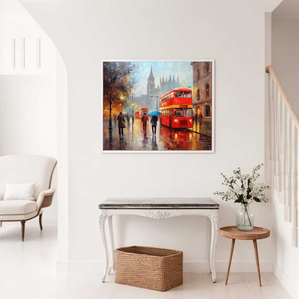 Malen nach Zahlen - Regentropfen in London Gemälde in einem eleganten Wohnzimmer, nasse Gehwege und rote Doppeldeckerbusse bei regnerischem Abend