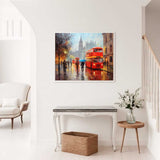 Malen nach Zahlen - Regentropfen in London Gemälde in einem eleganten Wohnzimmer, nasse Gehwege und rote Doppeldeckerbusse bei regnerischem Abend