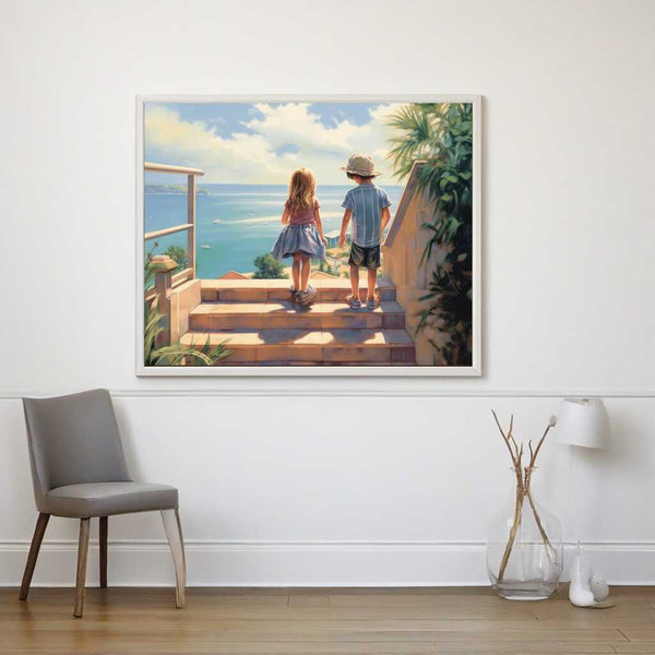 Malen nach Zahlen Gemälde von zwei Kindern, die auf ein azurblaues Meer blicken, friedliche mediterrane Idylle im impressionistischen Stil.