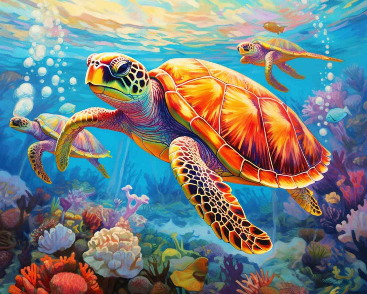 Bunte Meeresschildkröten schwimmen durch eine lebhafte Unterwasserwelt mit Korallen und Meeresflora, inspiriert von "Meeresleuchten: Im Bann der Tiefsee".