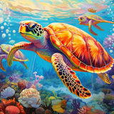 Bunte Meeresschildkröten schwimmen durch eine lebhafte Unterwasserwelt mit Korallen und Meeresflora, inspiriert von 