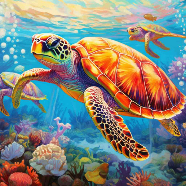 Bunte Meeresschildkröten schwimmen durch eine lebhafte Unterwasserwelt mit Korallen und Meeresflora, inspiriert von "Meeresleuchten: Im Bann der Tiefsee".