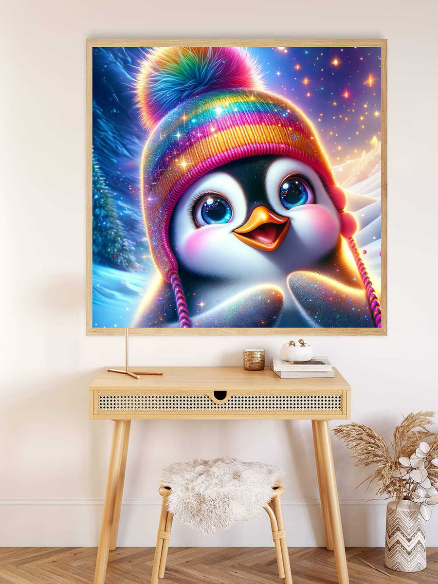 Adorable penguin wearing a colorful winter hat in a vibrant, snowy painting displayed above a minimalist desk.