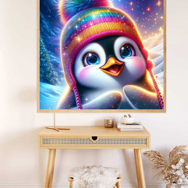 Adorable penguin wearing a colorful winter hat in a vibrant, snowy painting displayed above a minimalist desk.