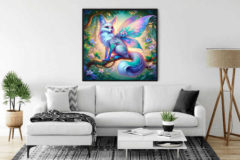 Living room showcasing Malen nach Zahlen forest-themed wall art with a whimsical, magical fox painting on the wall above the sofa