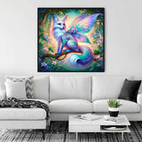 Living room showcasing Malen nach Zahlen forest-themed wall art with a whimsical, magical fox painting on the wall above the sofa
