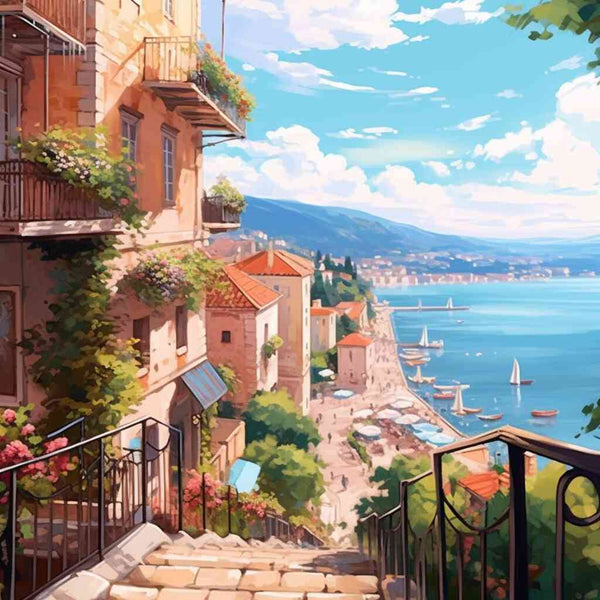 Malen nach Zahlen - Mediterrane Küstenstadt mit Terrakotta-Dächern, pastellfarbenen Fassaden und blaugrünem Meer im sanften Nachmittagslicht