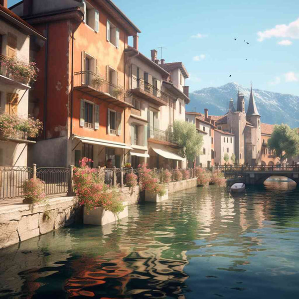 Malerische mediterrane Stadt am ruhigen Kanal, umgeben von blühenden Blumen und pastellfarbenen Gebäuden, Berge im Hintergrund.