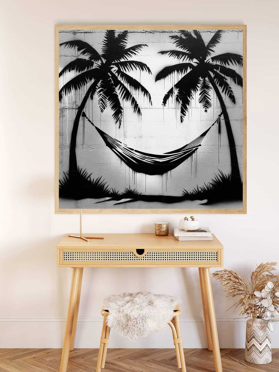 Painting of a tropical scene with black and white palm trees and hammock, enhancing relaxation vibes with Malen nach Zahlen technique.