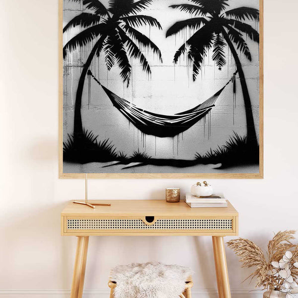 Painting of a tropical scene with black and white palm trees and hammock, enhancing relaxation vibes with Malen nach Zahlen technique.