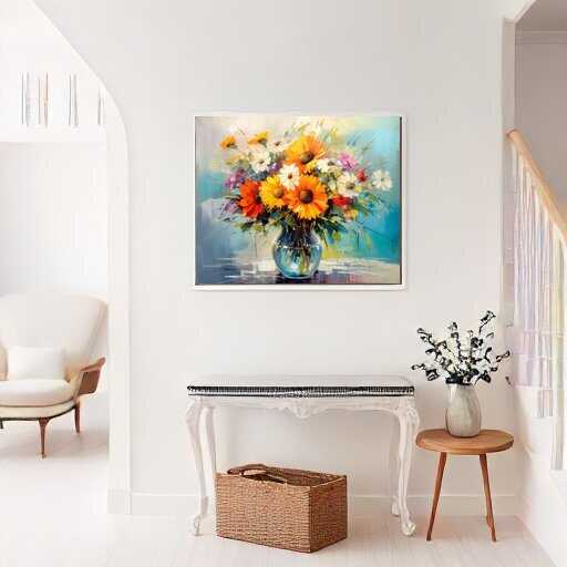 Impressionistisches Blumen-Gemälde "Farbenfreude im Glas" an der Wand, bringt lebendige Farben in einen hellen Raum.