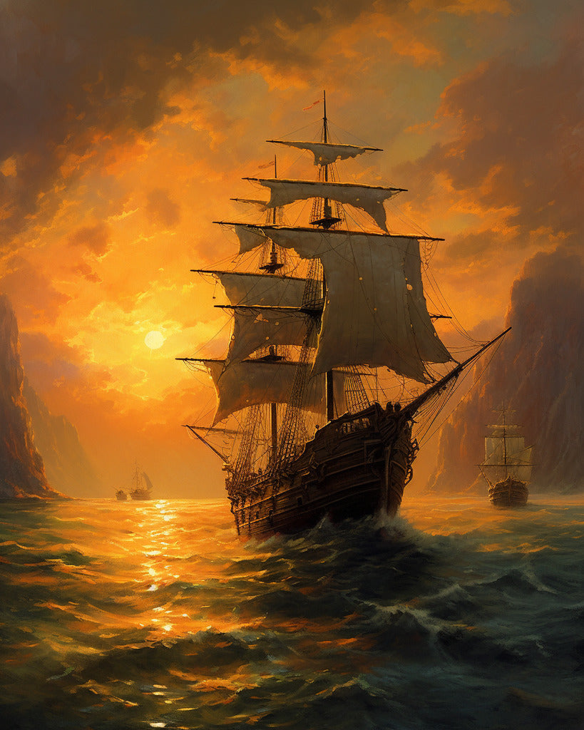Segelschiffe, Abendrot - Malen nach Zahlen