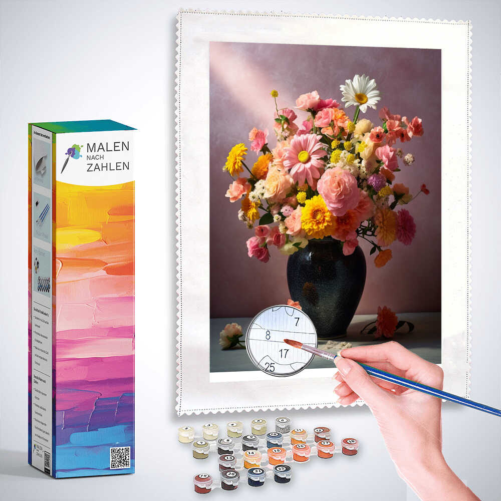 Malen nach Zahlen - Florales Erwachen mit Blumen Kit, Stillleben aus rosa, gelben und orangenen Blumen in dunklem Krug.