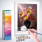Malen nach Zahlen - Florales Erwachen mit Blumen Kit, Stillleben aus rosa, gelben und orangenen Blumen in dunklem Krug.