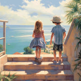 Zwei Kinder blicken auf das azurblaue Meer, impressionistisches Gemälde, mediterrane Idylle, Sehnsucht nach Ferne, Frieden und Einklang
