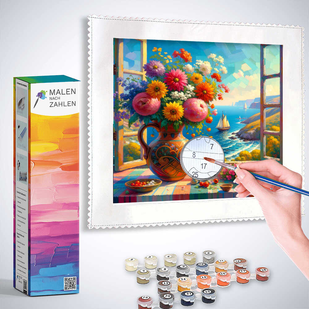 Painting by numbers kit featuring a Mediterranean seascape view through a window with a vase of flowers, brushes, and paint pots.