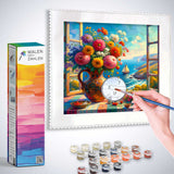 Painting by numbers kit featuring a Mediterranean seascape view through a window with a vase of flowers, brushes, and paint pots.