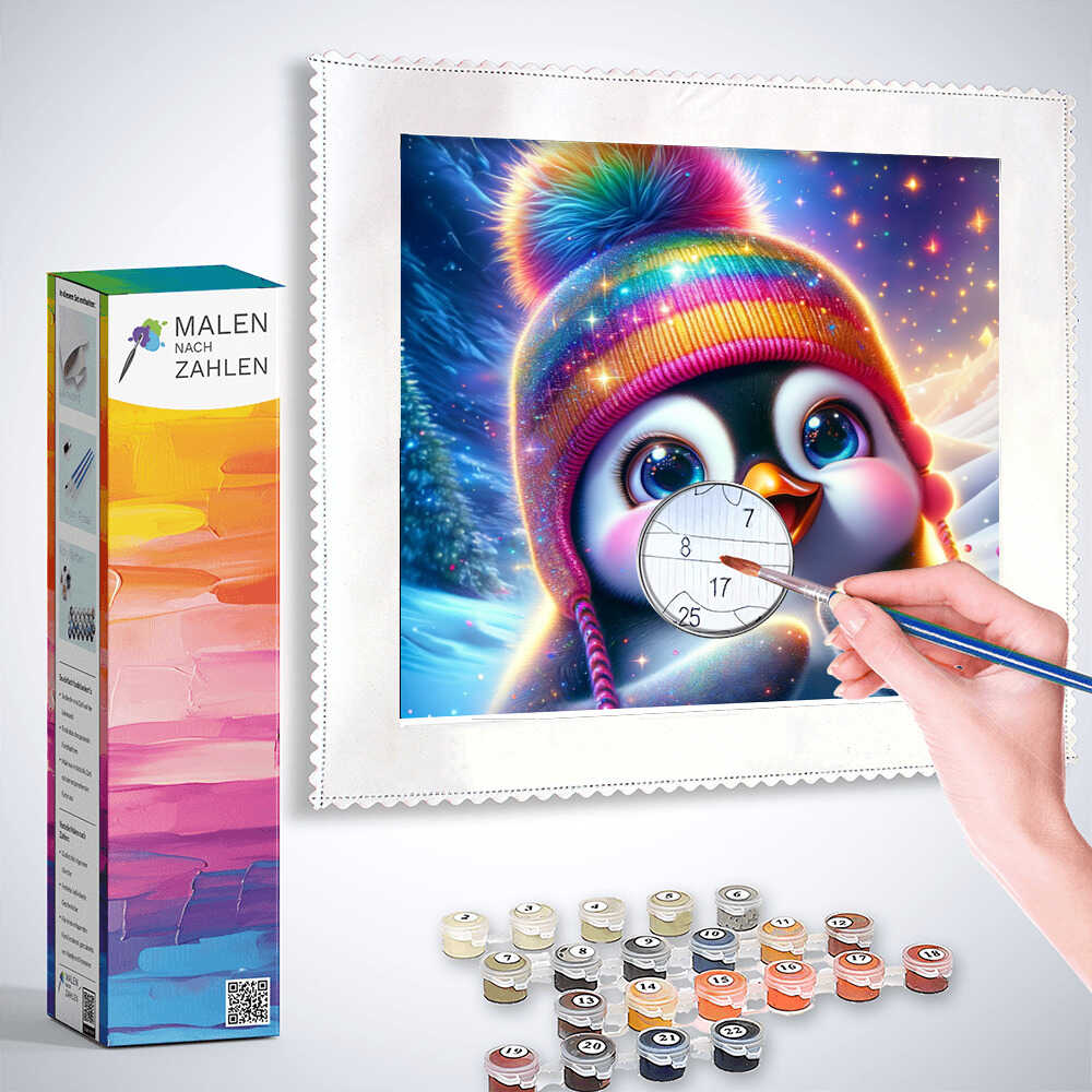 Painting a colorful penguin by numbers with Malen nach Zahlen kit, featuring paint pots and brush for a relaxing art activity