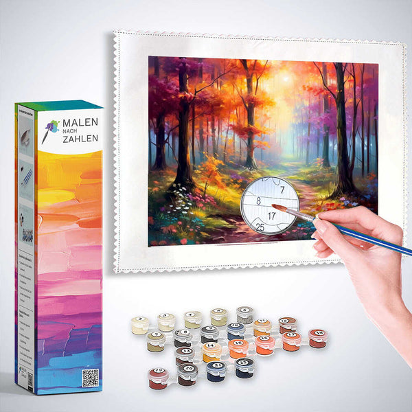 "Malen nach Zahlen Zauberwald im Morgenlicht" set with vibrant forest scene, paint pots, and brush for DIY painting.