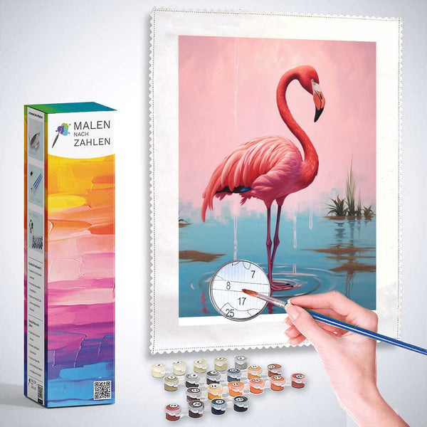 Painting-by-numbers kit featuring a flamingo standing in calm waters at dawn, with pink and blue hues blending to evoke serenity and grace.